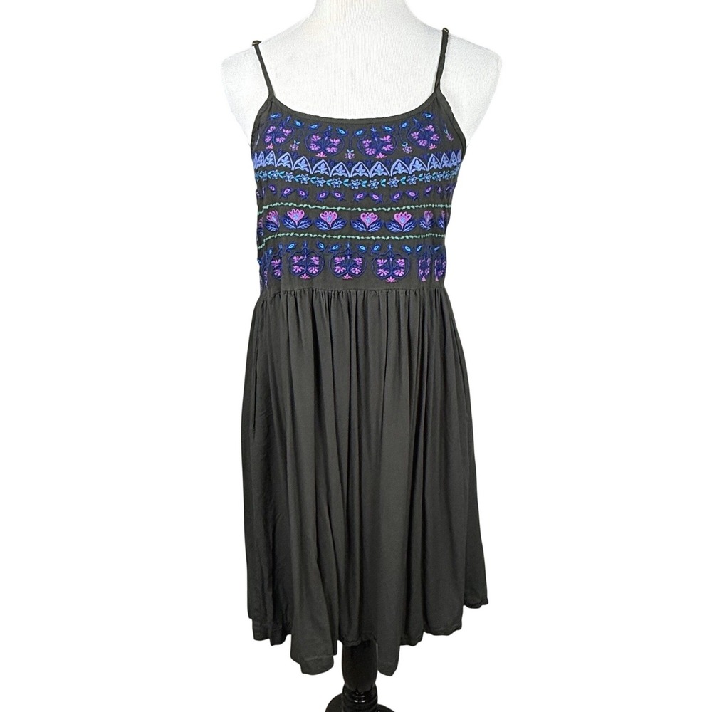 Natural Life Sara Embroidered Mini Dress Womens XS Olive Green Boho Pockets